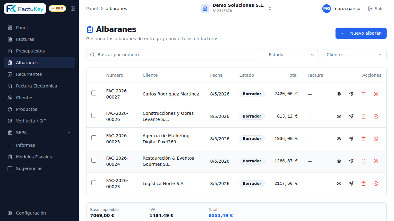 Albaranes de entrega en FactuKey
