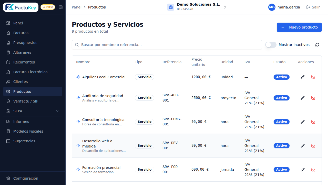 Catalogo de productos en FactuKey